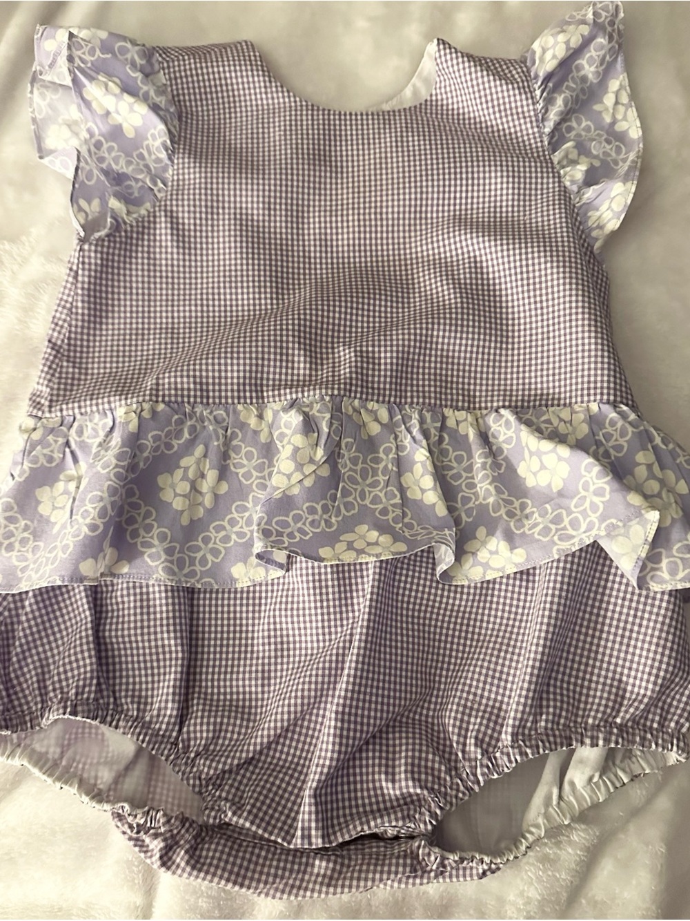 Lavender Gingham Baby One-Piece with Floral Ruffle Trim
